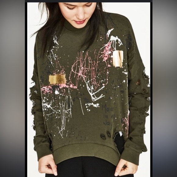 Zara Sweatshirt High Neck Green Distressed Grafitti Splatter Paint - Small Women - Picture 2 of 14